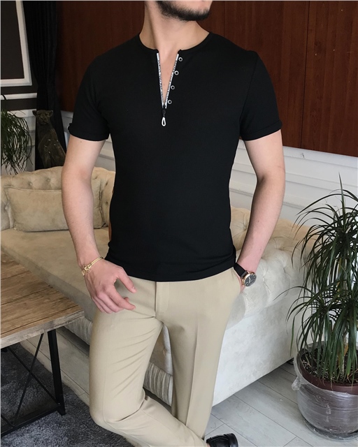 İtalyan stil slim fit fermuarlı kısa kollu pamuk triko tişört Siyah T7418