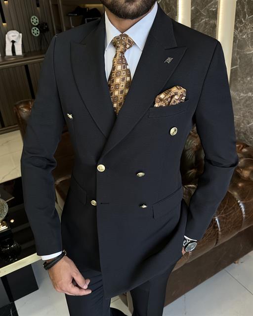 İtalyan stil slim fit kruvaze ceket pantolon takım elbise siyah T10529