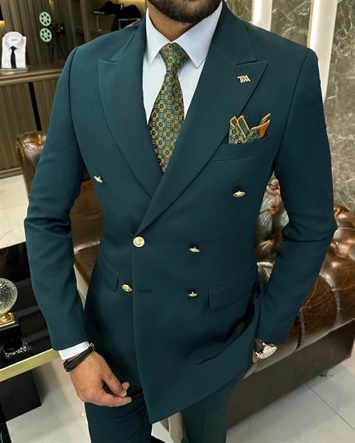İtalyan stil slim fit kruvaze ceket pantolon takım elbise yeşil T10527