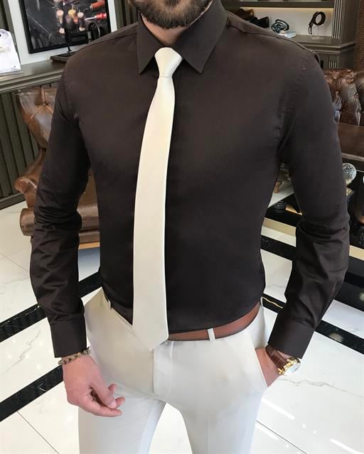 İtalyan stil slim fit saten pamuk erkek kravat yaka gömlek kahverengi  T9426