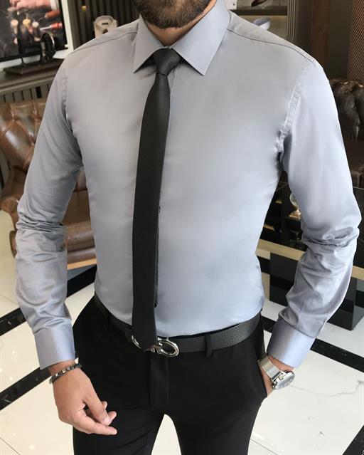 İtalyan stil slim fit saten pamuk erkek kravat yaka gömlek Gri T9428