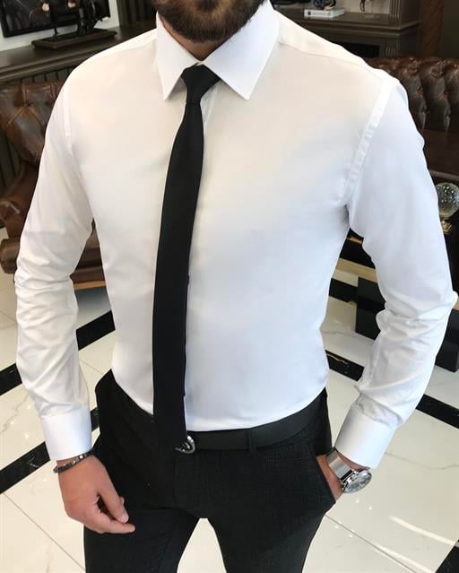 İtalyan stil slim fit saten pamuk erkek kravat yaka gömlek beyaz T9424