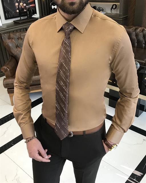 İtalyan stil slim fit saten pamuk erkek kravat yaka gömlek hardal T9429
