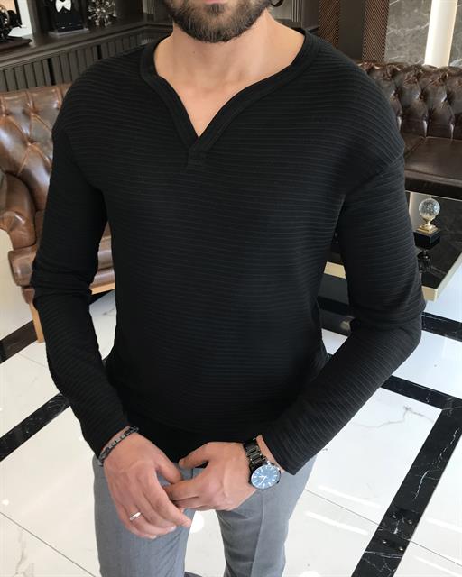 İtalyan stil slim fit V yaka ince sweatshirt Siyah T8782