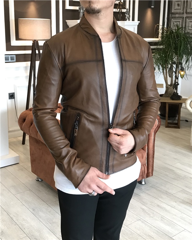 100% original lamb leather coat jacket camel T4312