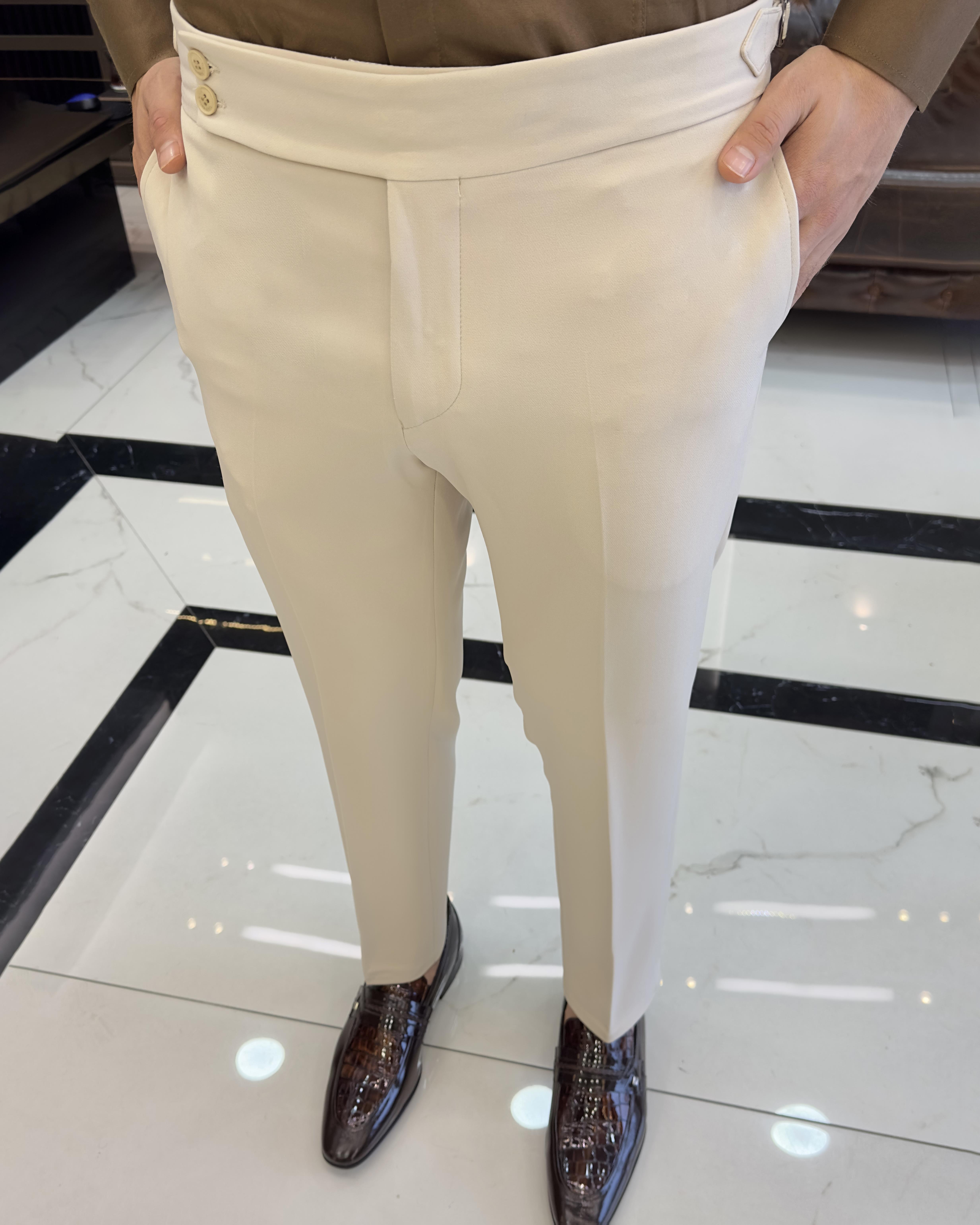 İtalyan stil slim fit bel detaylı erkek pantolon ekru T10562