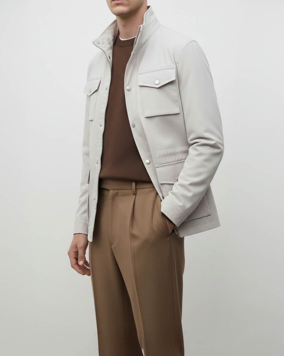 İtalyan stil slim fit hakim yaka erkek mont bej T11680