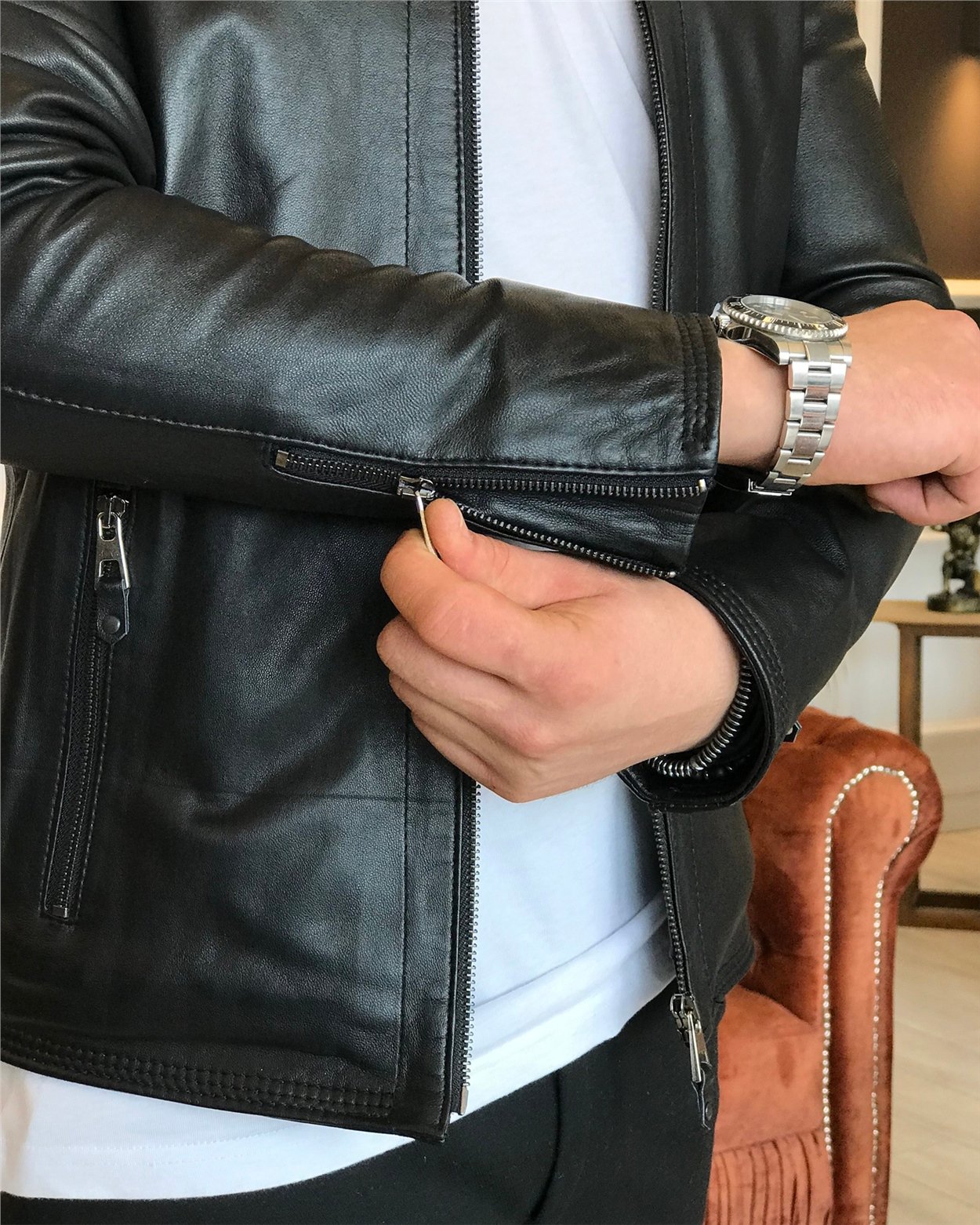 100 %Original Lamb Leather Coat Jacket Black T4314