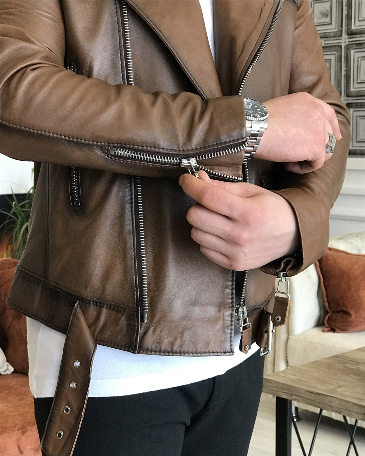 100 %Original Lamb Leather North Coat Jacket Taba T5013