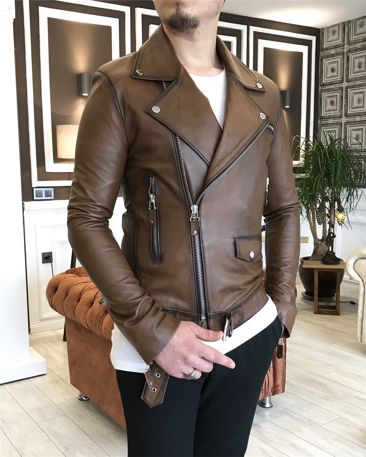 %100 orjinal kuzu derisi kuzey mont ceket Taba T5013