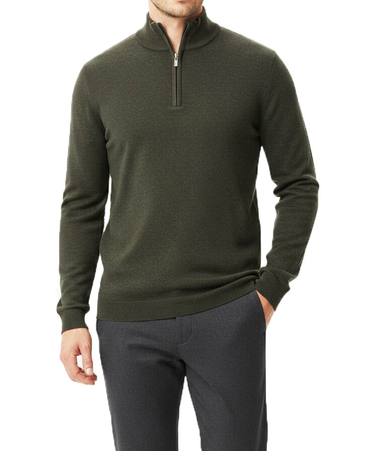 İtalyan stil slim fit erkek yarım boğazlı fermuarlı triko kazak haki T14871