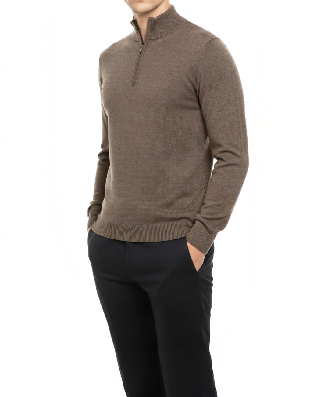 İtalyan stil slim fit erkek yarım boğazlı fermuarlı triko kazak kahverengi  T13106