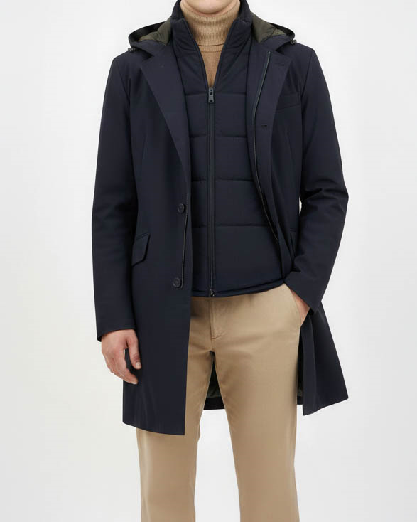 İtalyan stil slim fit erkek kapüşonlü uzun mont lacivert T13087