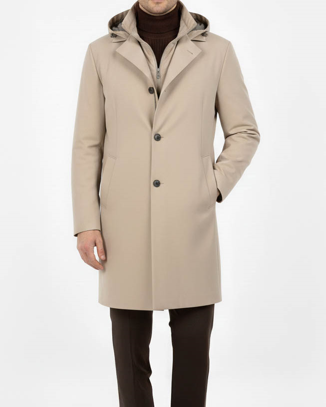 İtalyan stil slim fit erkek kapüşonlü uzun mont bej T13086