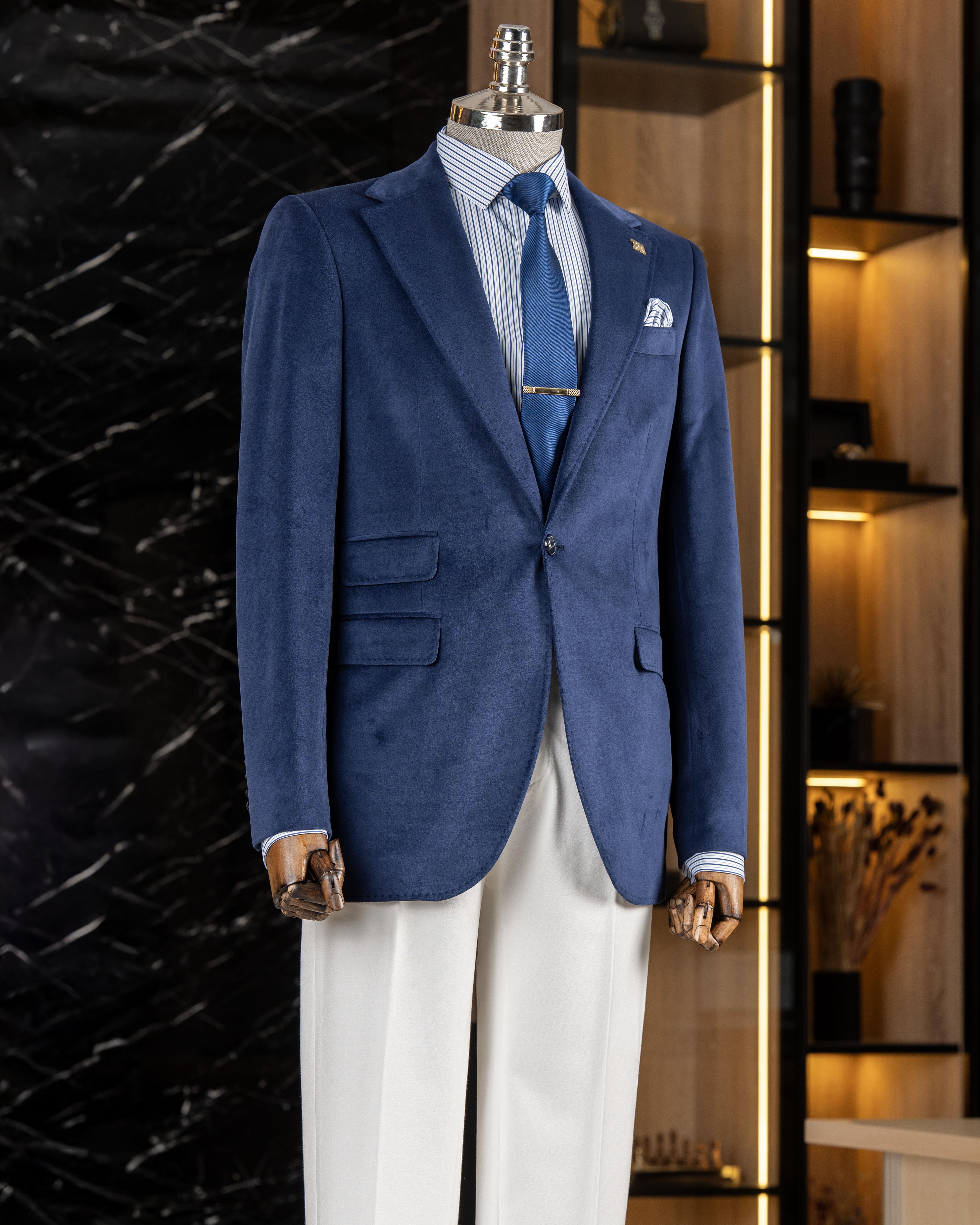 İtalyan stil mono yaka kadife erkek tek ceket saks T11045