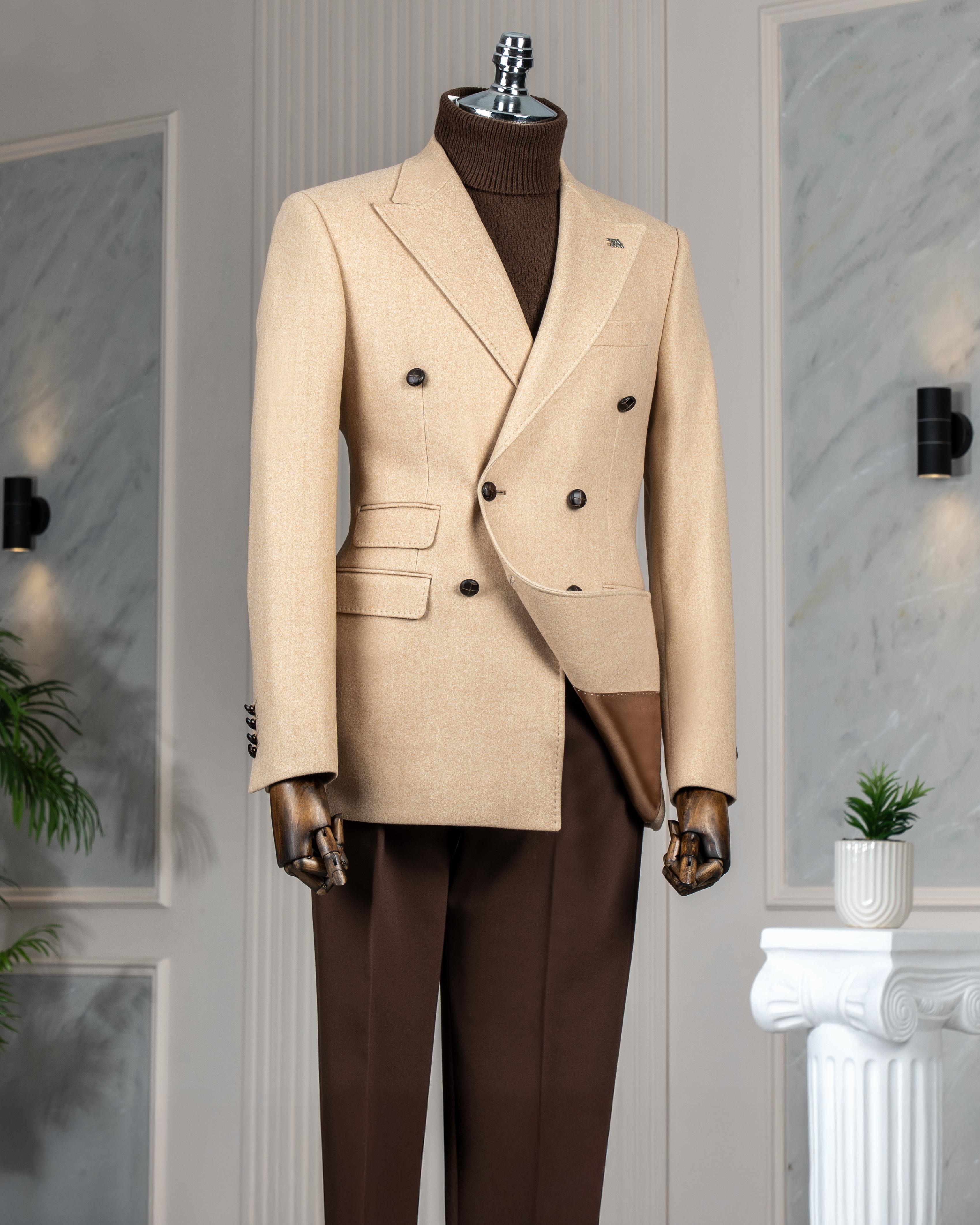 İtalyan stil slim fit kruvaze kaşe erkek ceket camel T10298