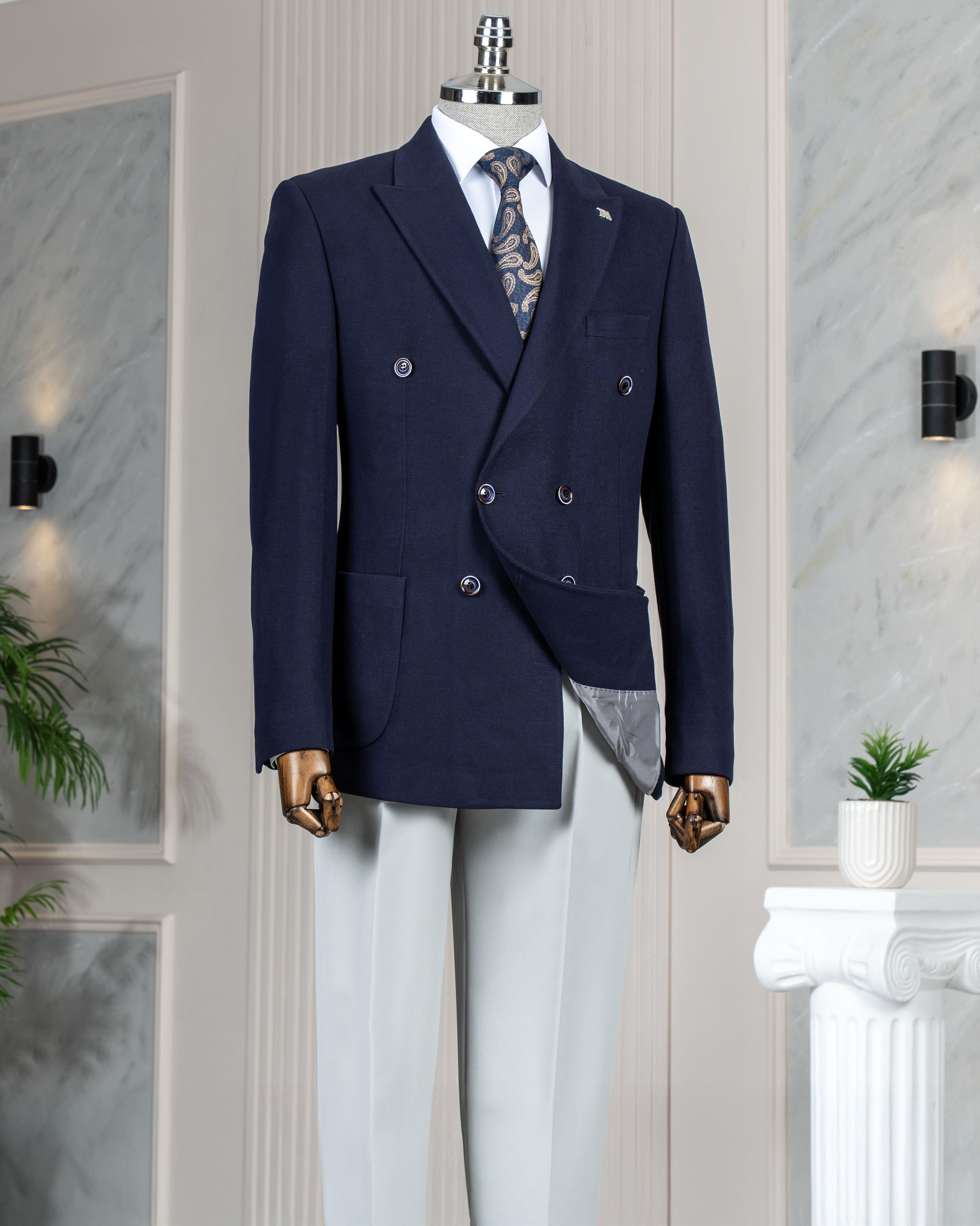 İtalyan stil slim fit kruvaze erkek tek ceket lacivert T13338