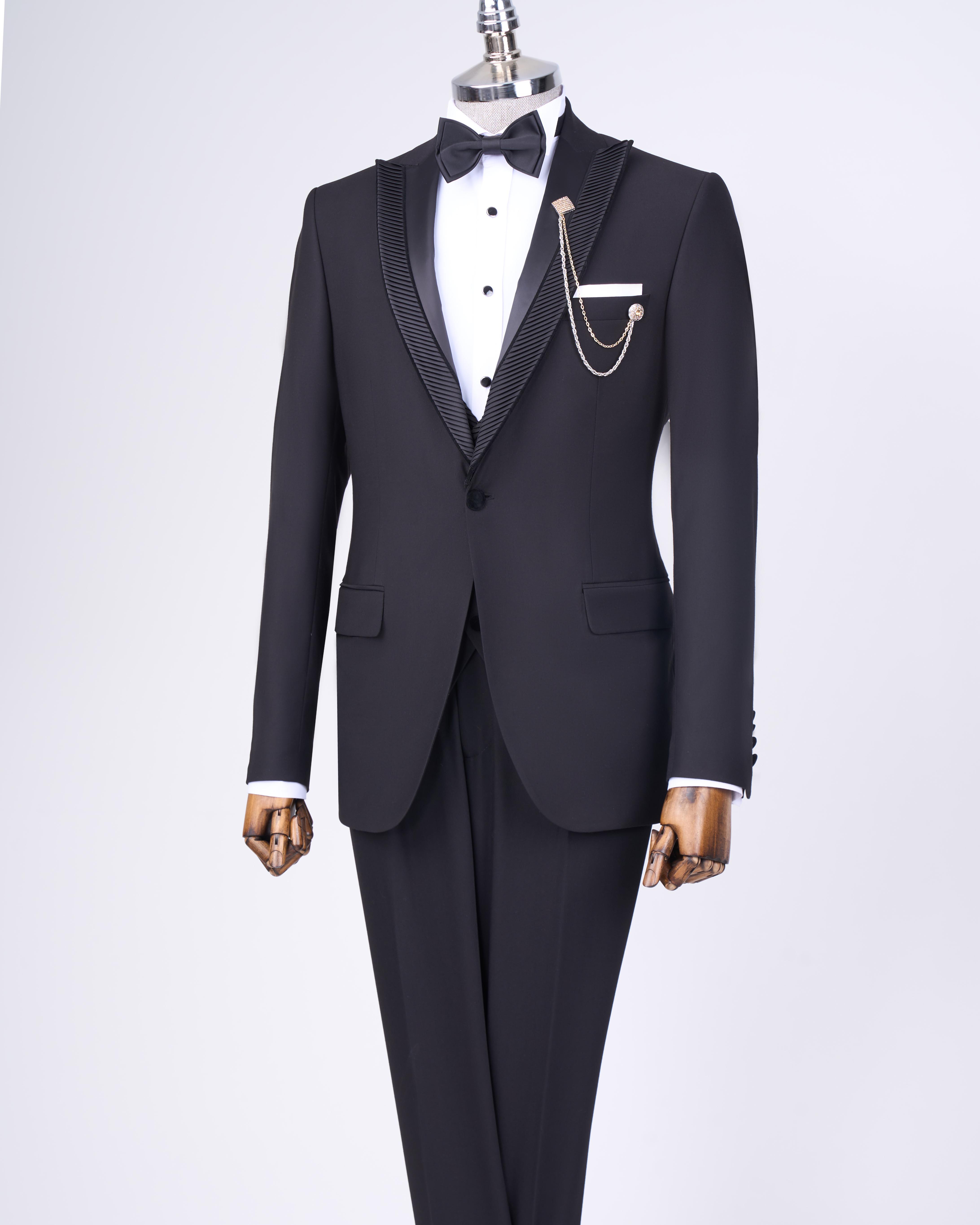 İtalyan stil slim fit ceket yelek pantolon damatlık set siyah T11776