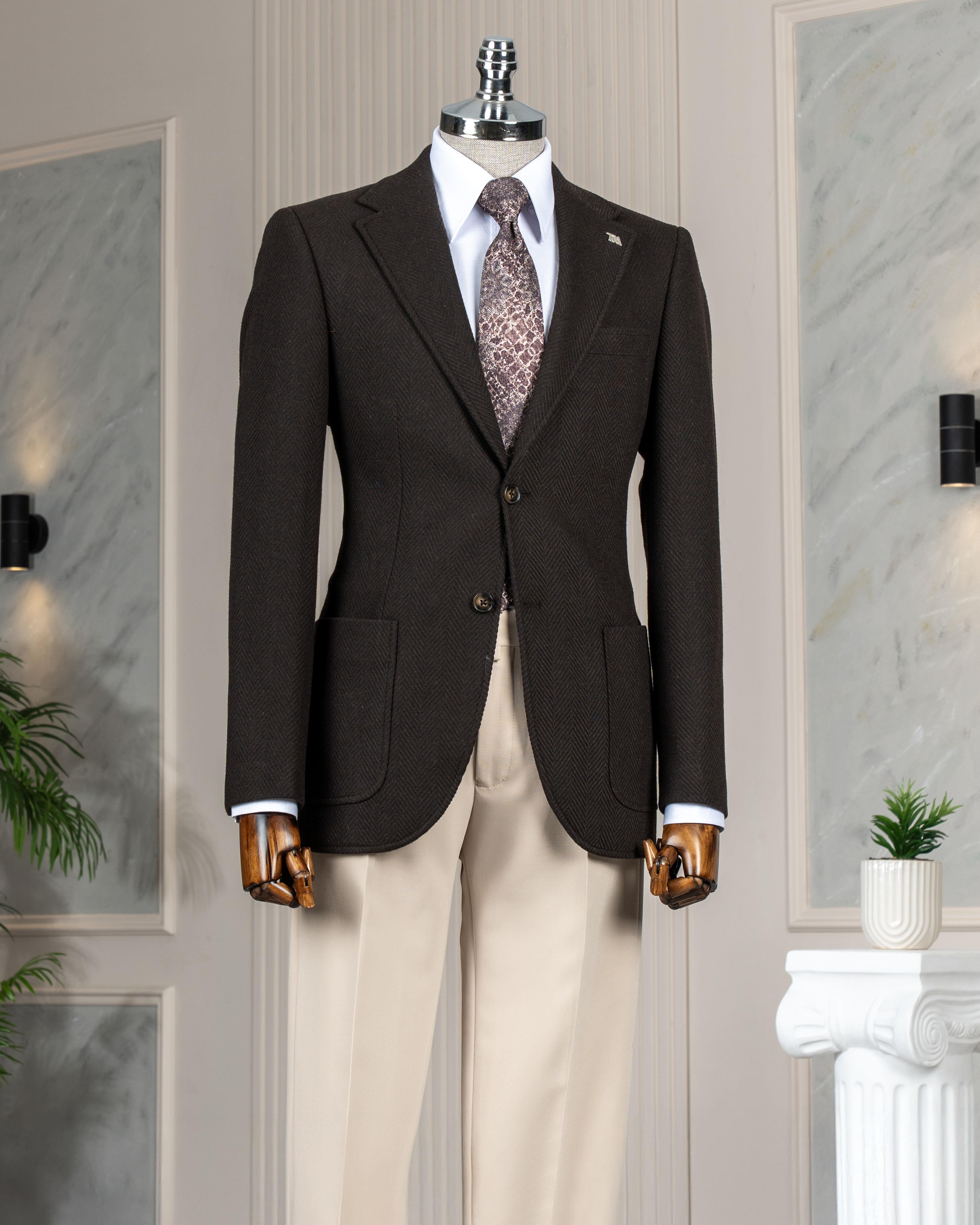 İtalyan stil slim fit mono yaka erkek tek ceket kahverengi T13578