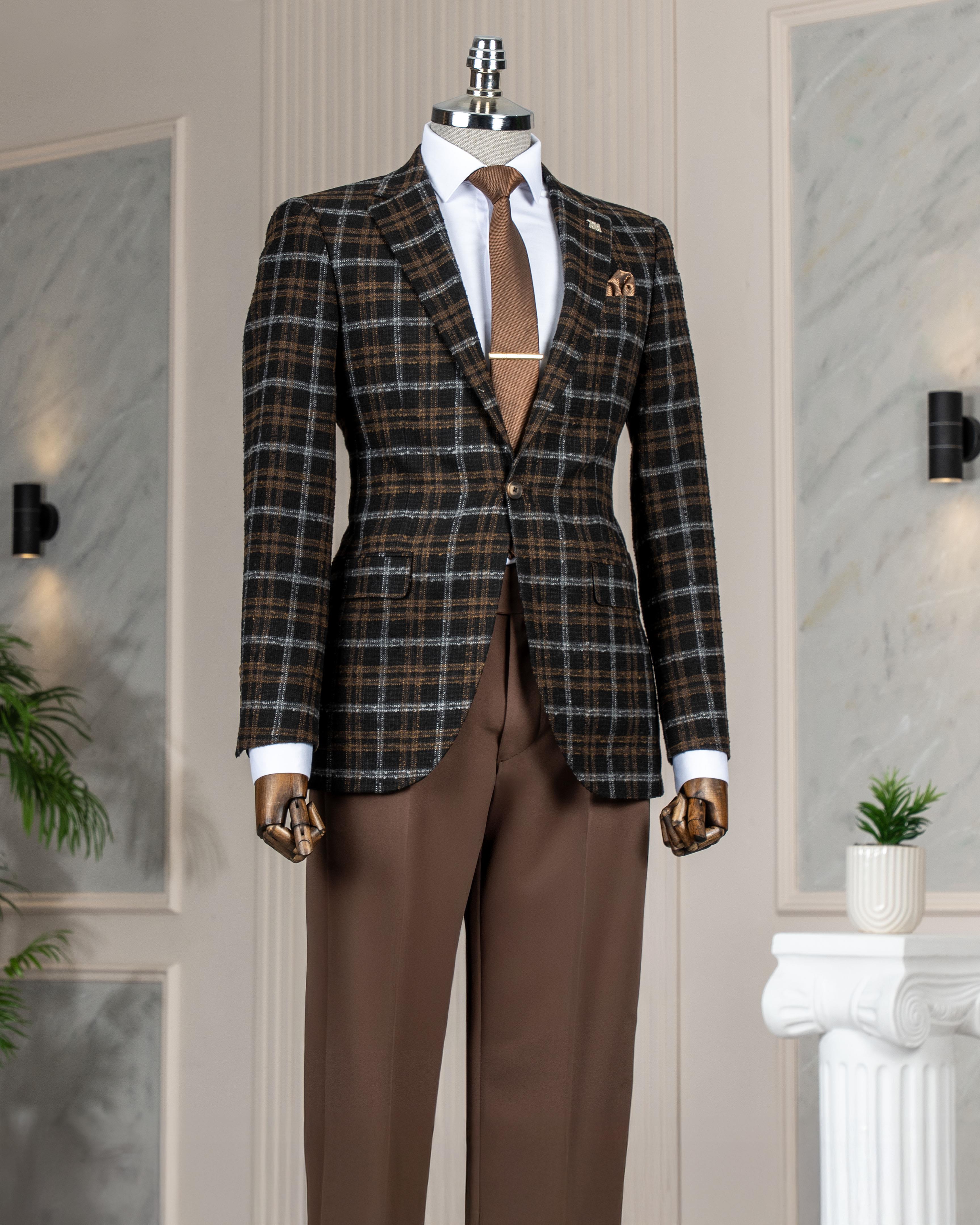 İtalyan stil slim fit ekose erkek ceket siyah T13437
