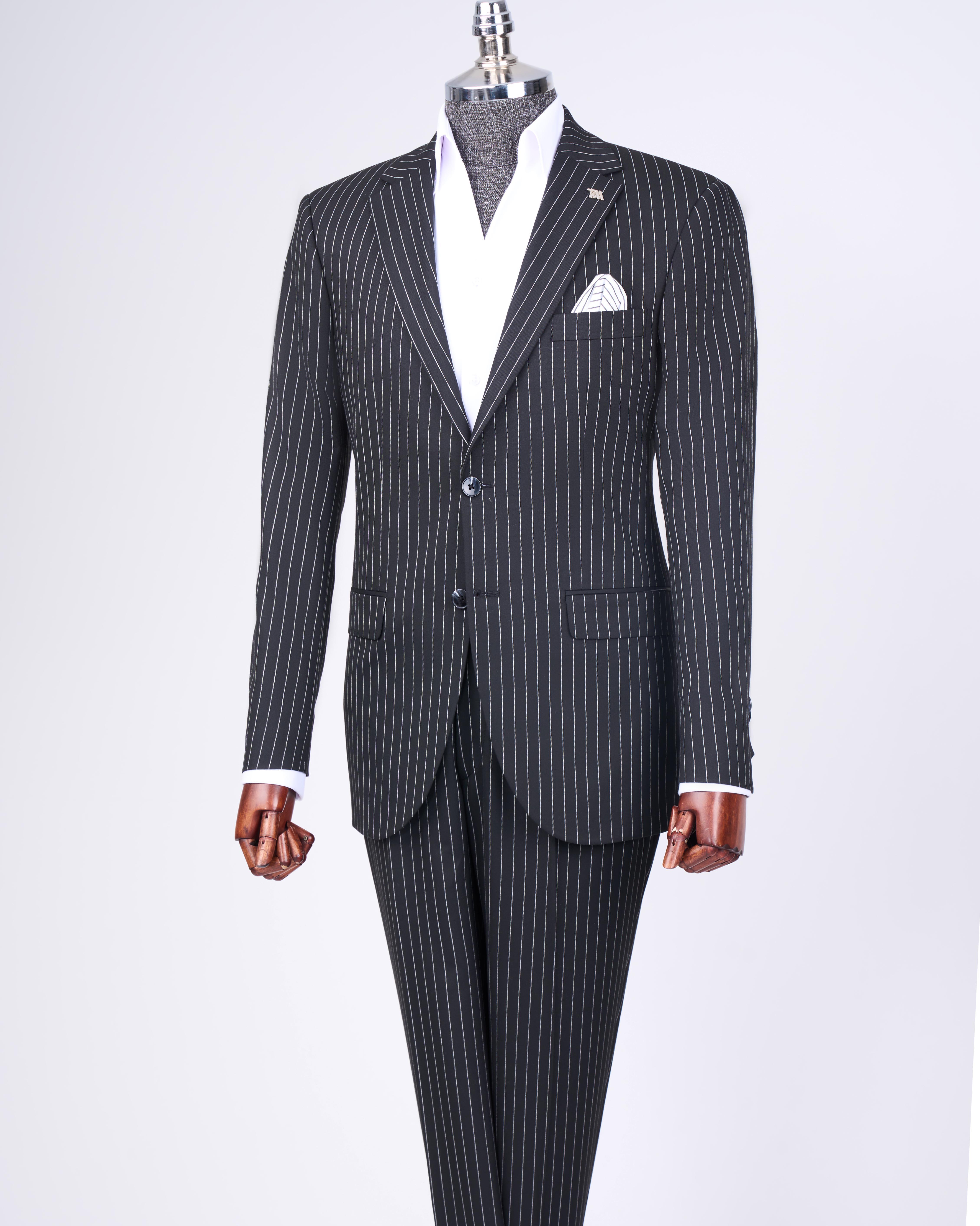İtalyan stil slim fit çizgili ceket pantolon takım elbise siyah T11931