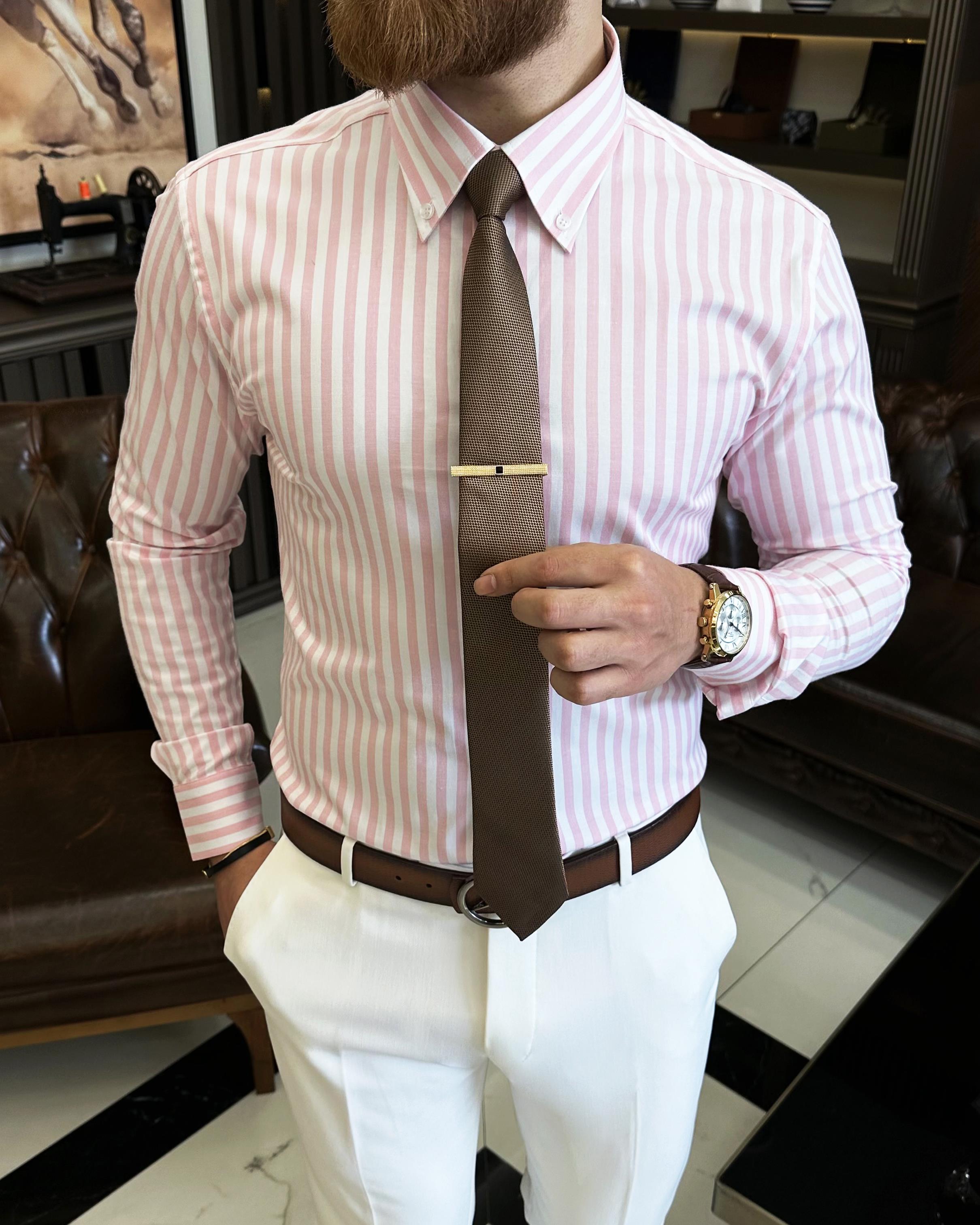 Italian style striped button collar lycra men's shirt pink T11133