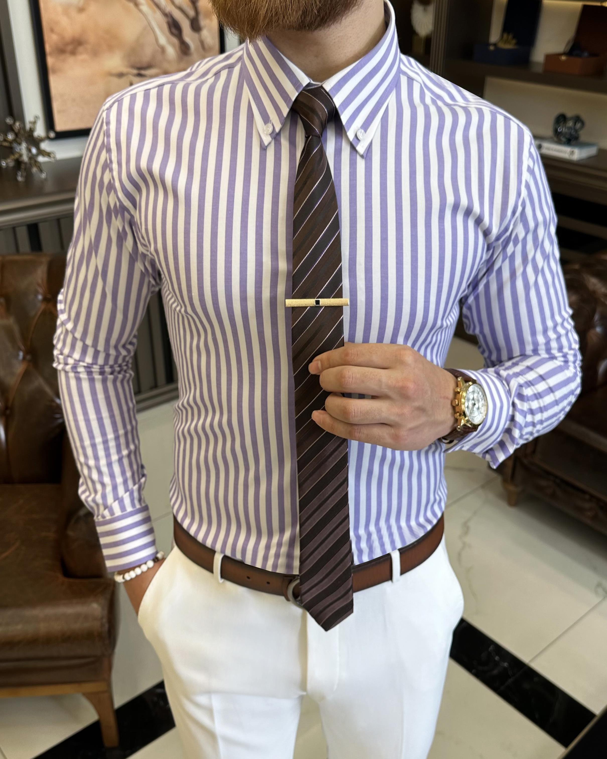Italian style striped button collar lycra men's shirt purple T11134
