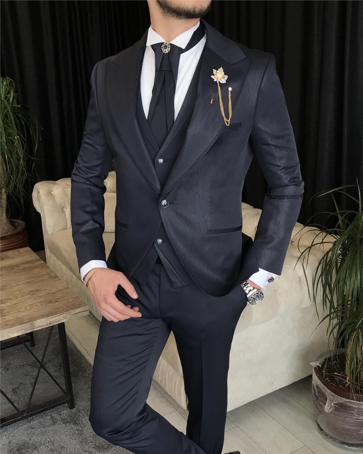 İtalyan kesim ceket yelek pantolon damatlık set Lacivert T7297