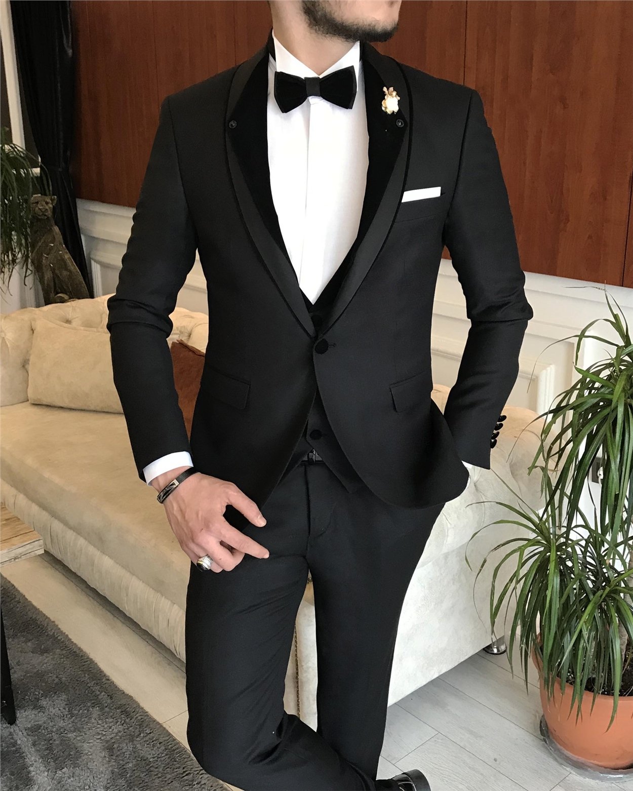 İtalyan kesim ceket yelek pantolon damatlık set Siyah T7162