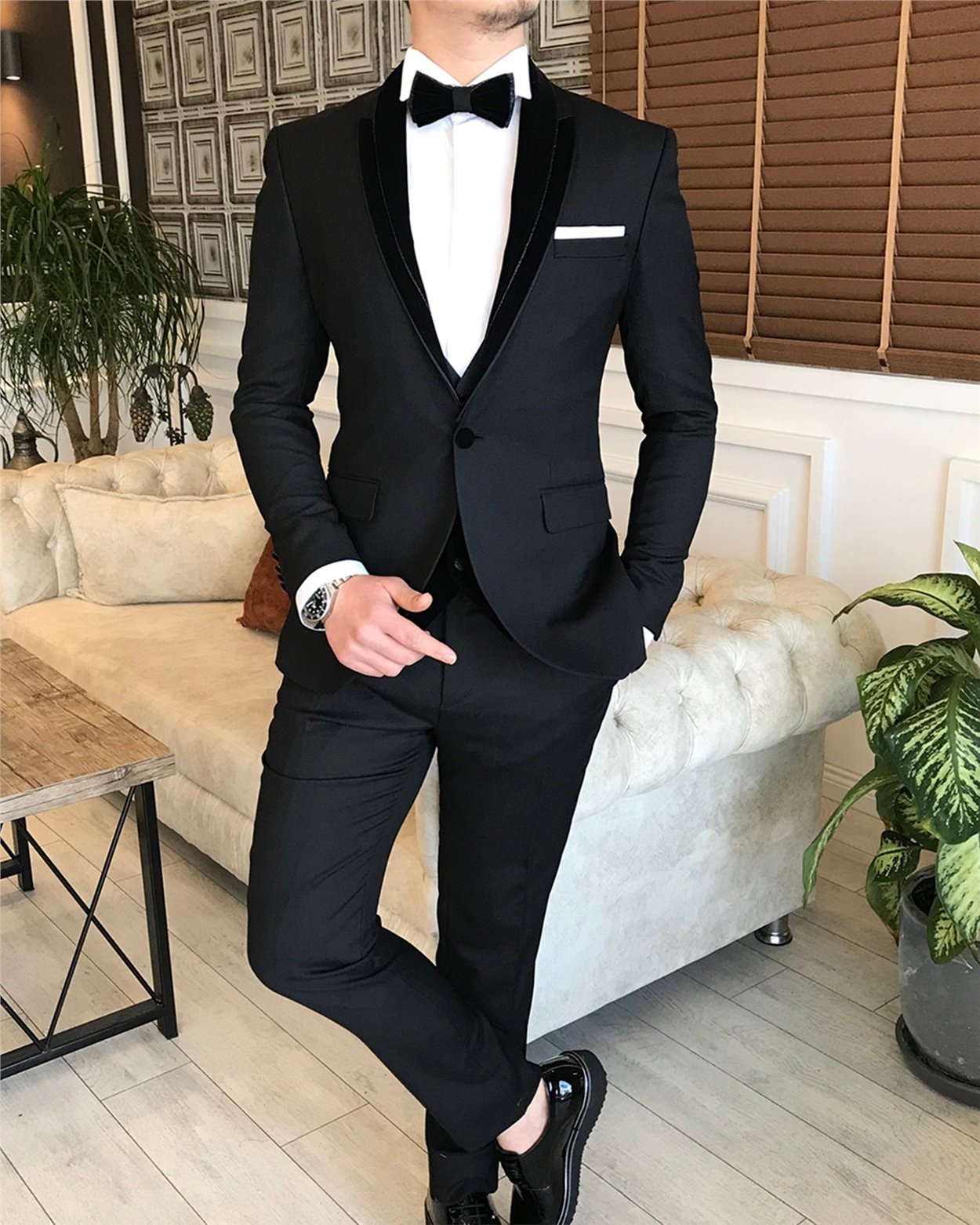 İtalyan kesim ceket yelek pantolon damatlık set Siyah T5843