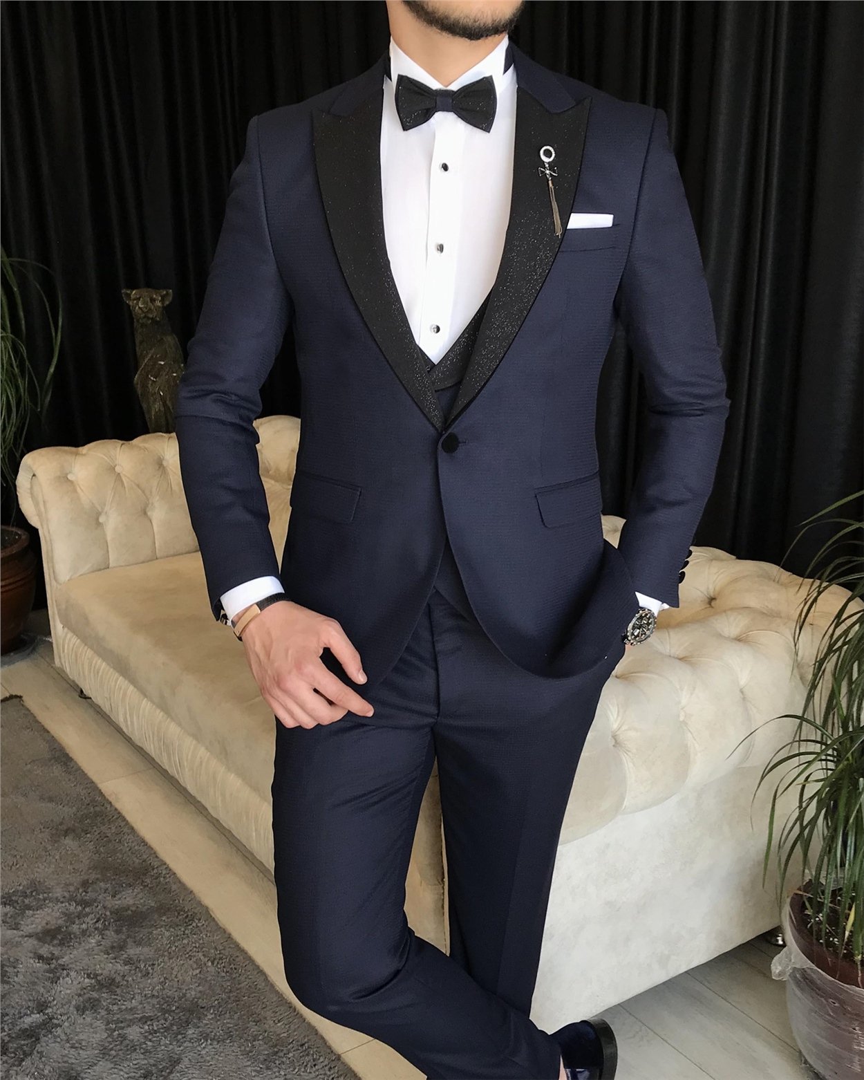 İtalyan kesim ceket yelek pantolon damatlık set Lacivert T7468