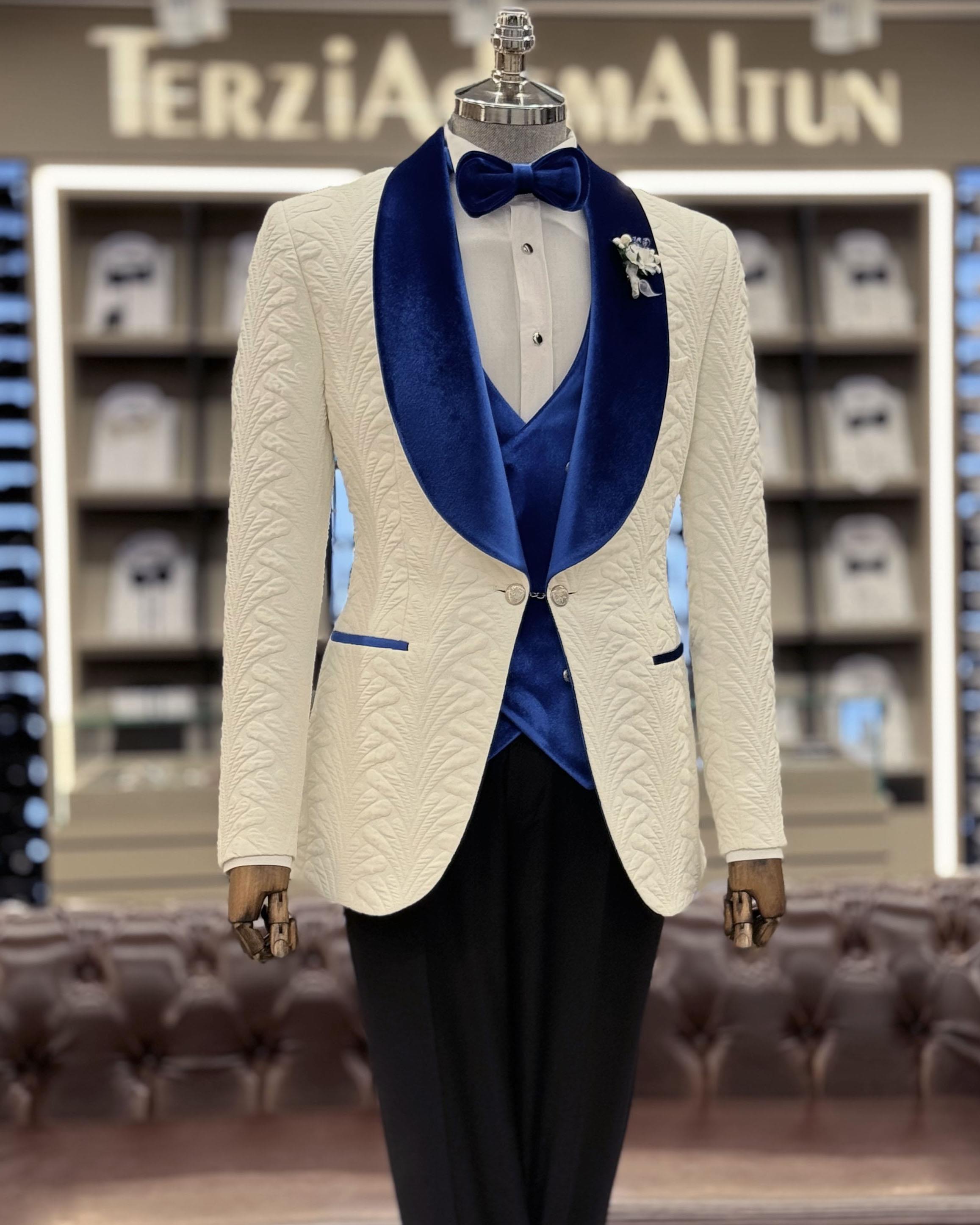 İtalyan kesim ceket yelek pantolon damatlık set Beyaz T12075