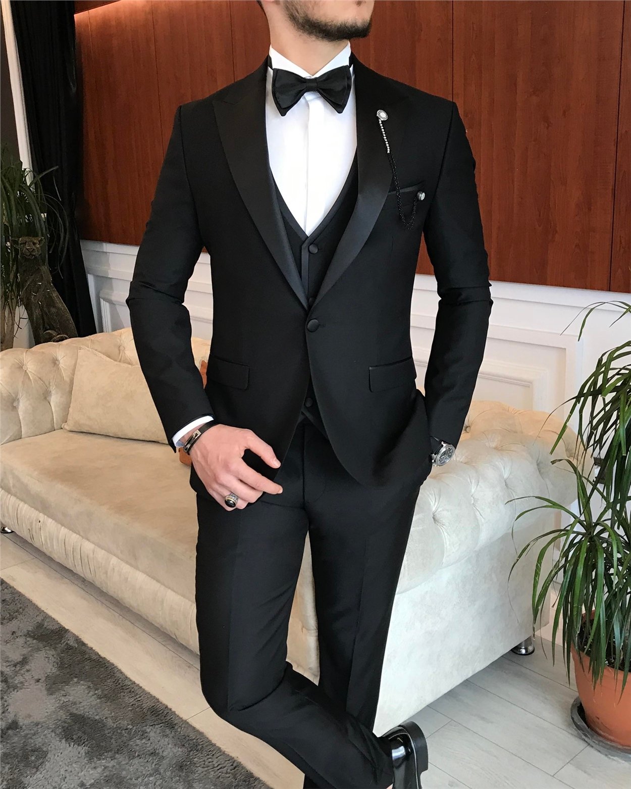 Italian cut men's jacket vest pants groom suit set Black T7062