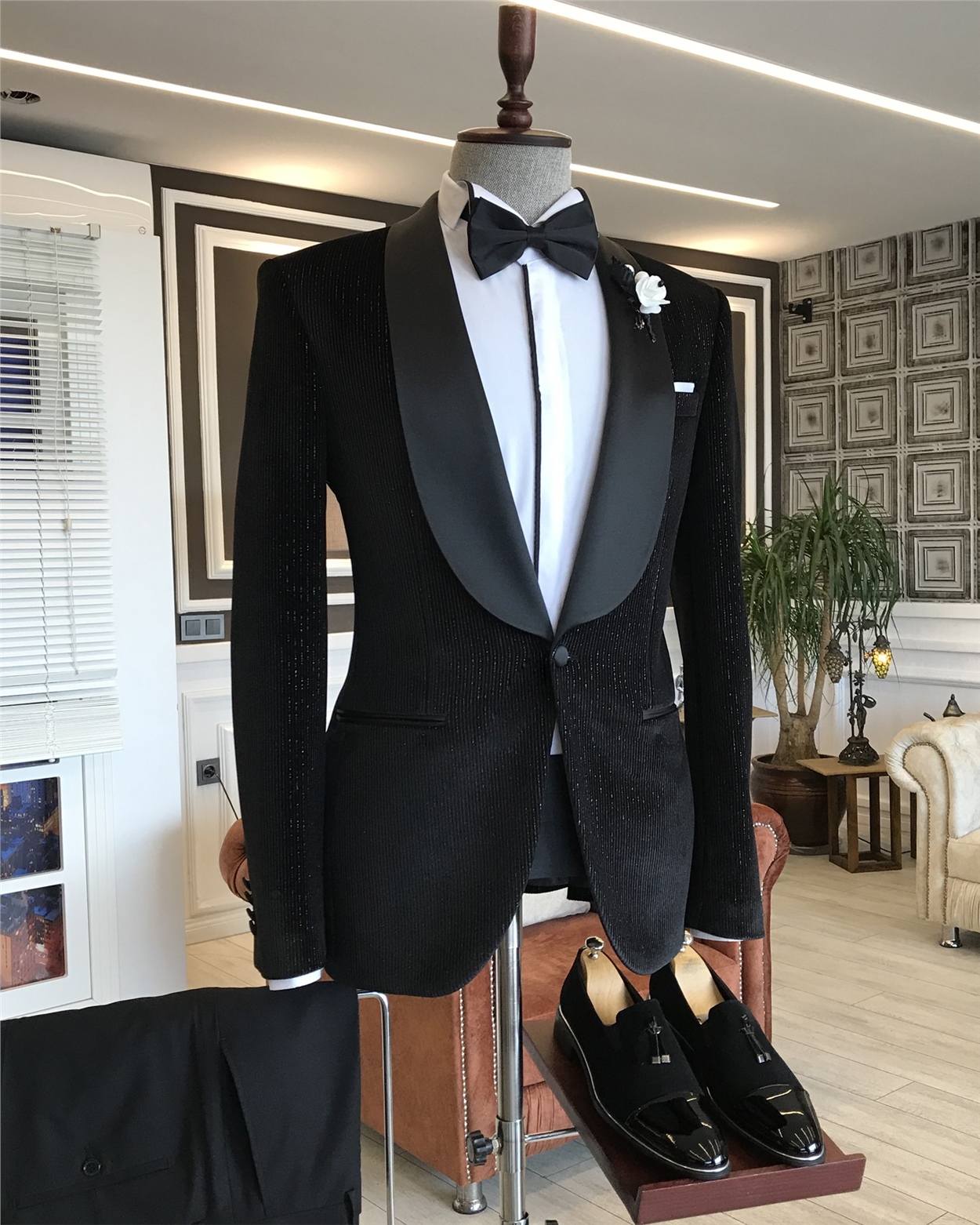 İtalyan kesim erkek damatlık siyah şal yaka takım elbise T5909