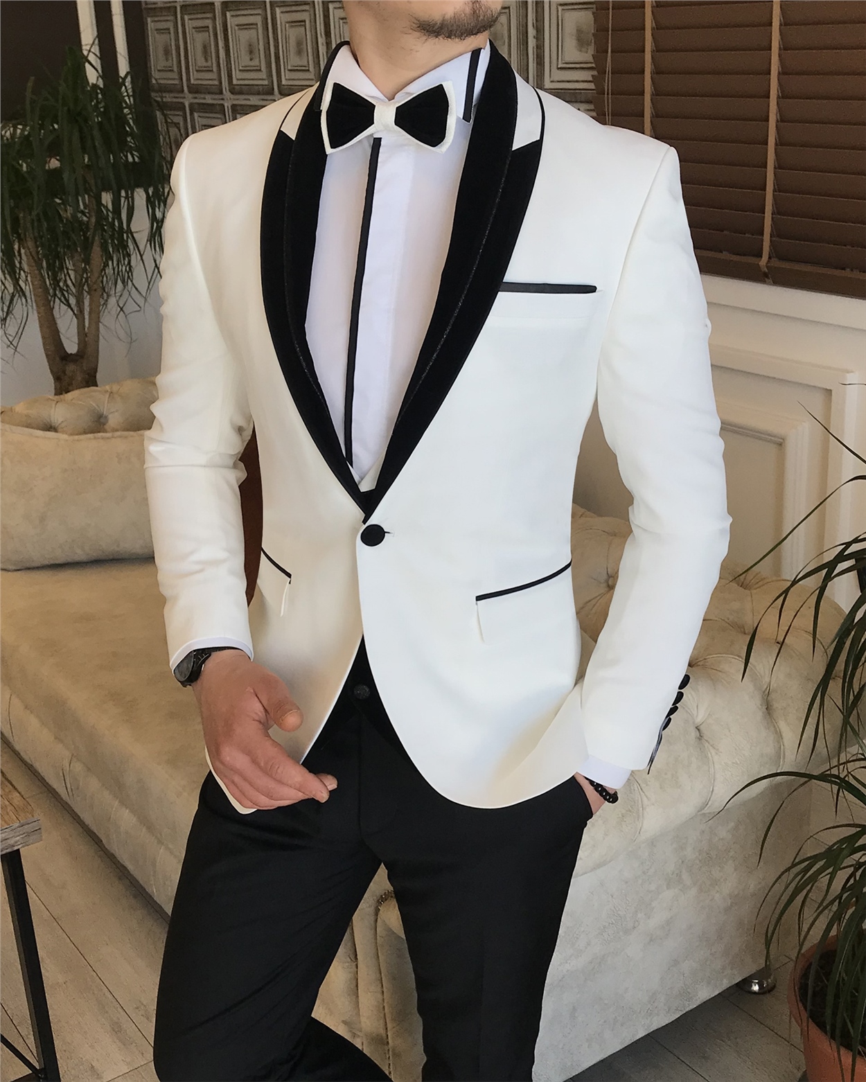 İtalyan kesim erkek damatlık takım elbise beyaz T5958
