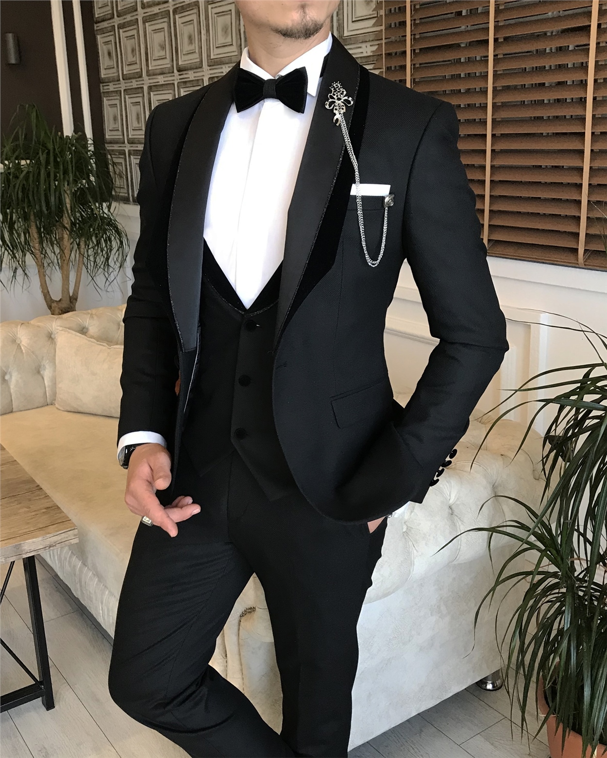 İtalyan kesim erkek damatlık takım elbise siyah T6012