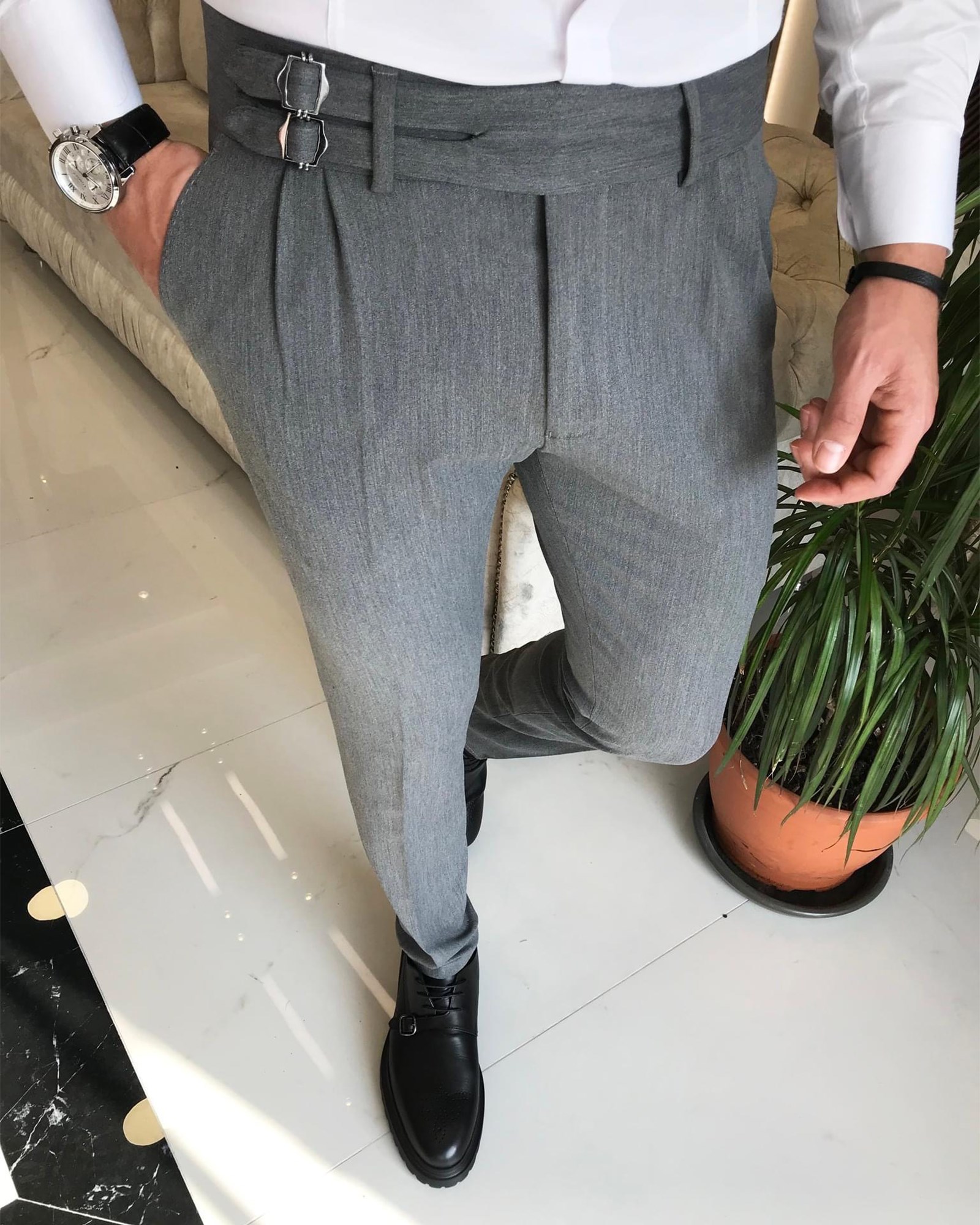 Italian Style Corset Pleated Gray Fabric Pants T3389