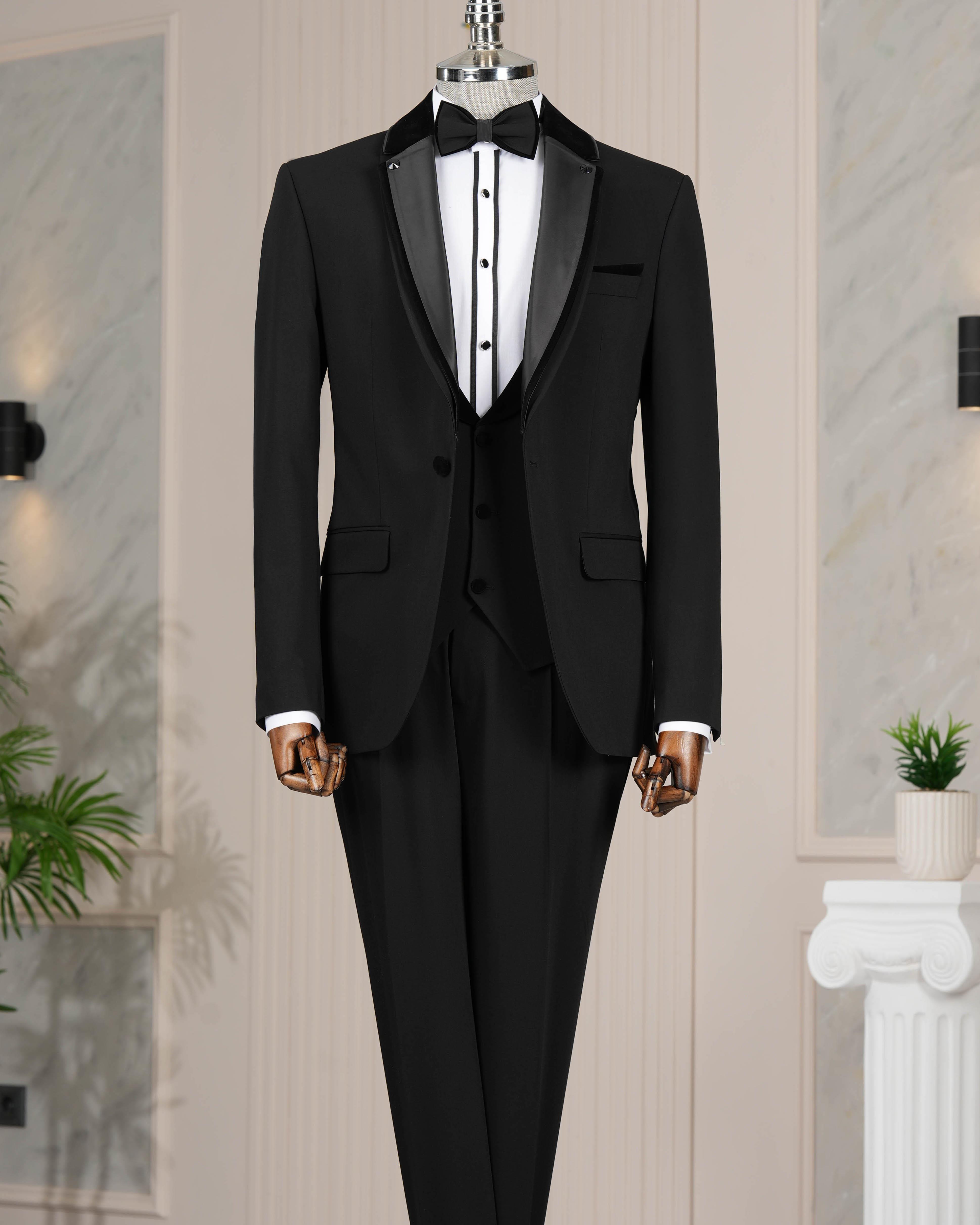 İtalyan kesim slim fit ceket yelek pantolon damatlık set Siyah T4547