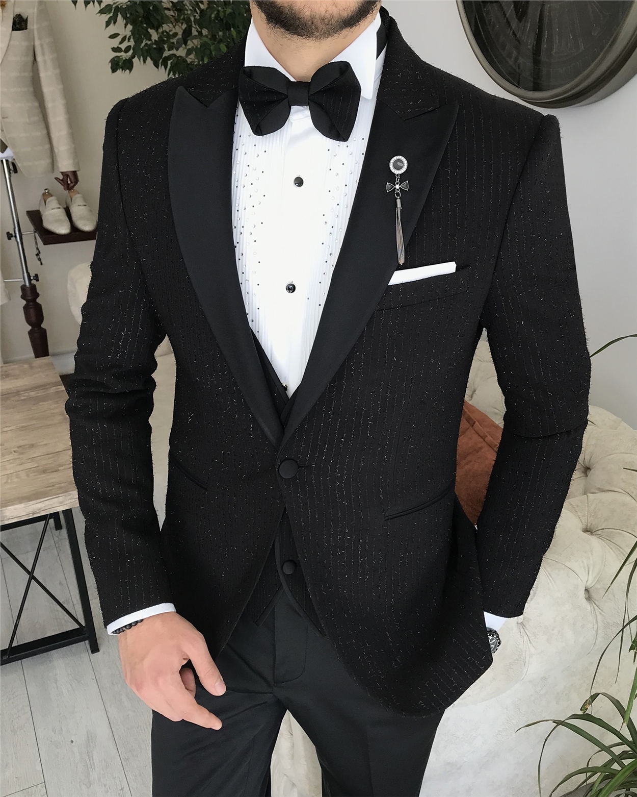 İtalyan kesim slim fit ceket yelek pantolon damatlık set Siyah T8221