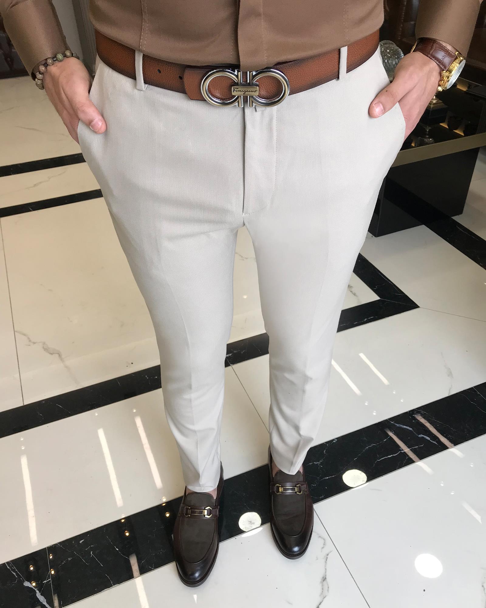 italyan kesim slim fit çizgili erkek pantolon bej T9438
