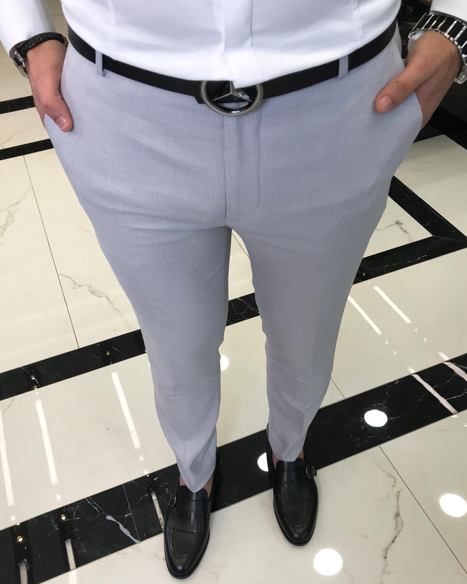 italian slim fit striped men's trousers gray T9433