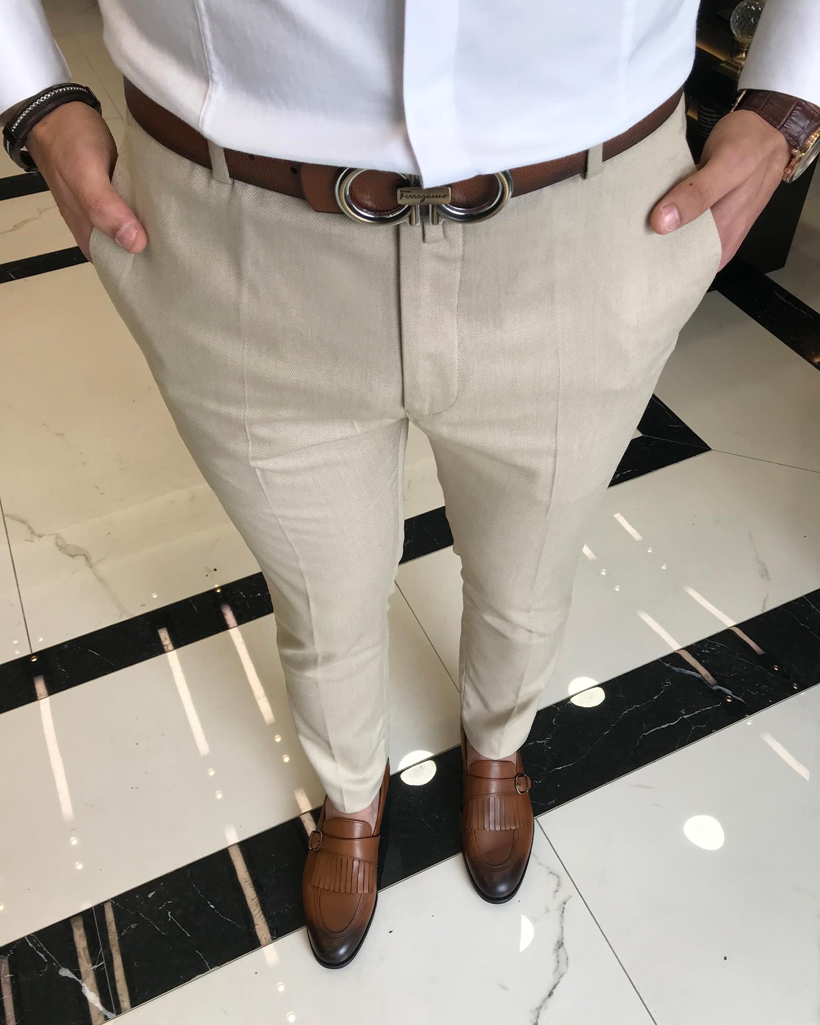 italian cut slim fit striped men's trousers camel T9440