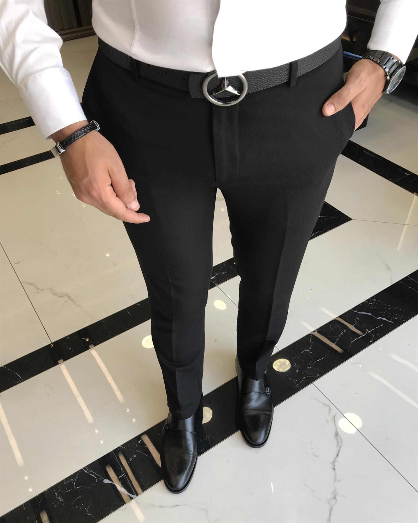 Italian cut slim fit patterned men's black fabric trousers T9720