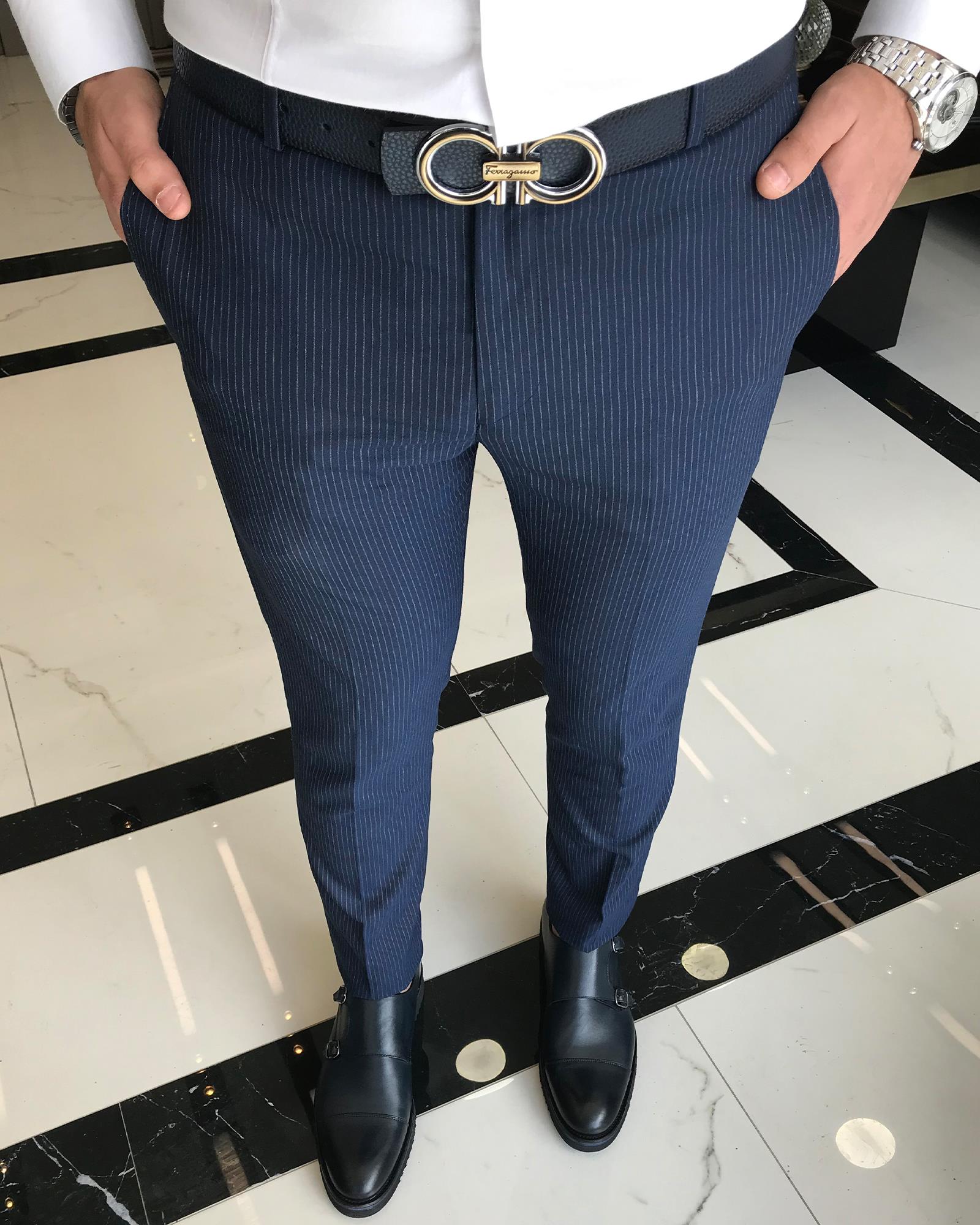 italian slim fit men's striped trousers navy blue T9430