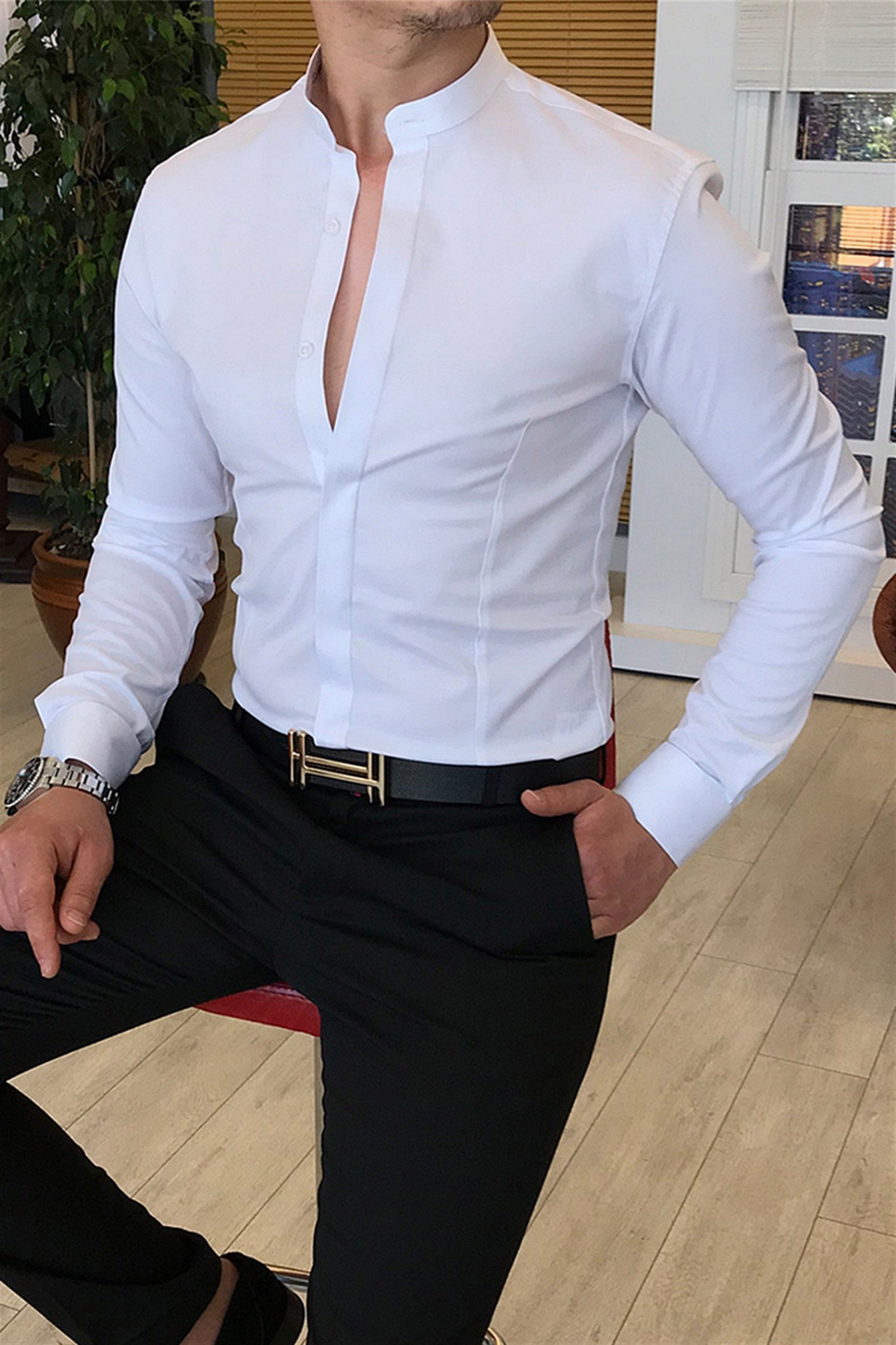 İtalyan kesim slim fit erkek hakim yaka gömlek Beyaz T4797