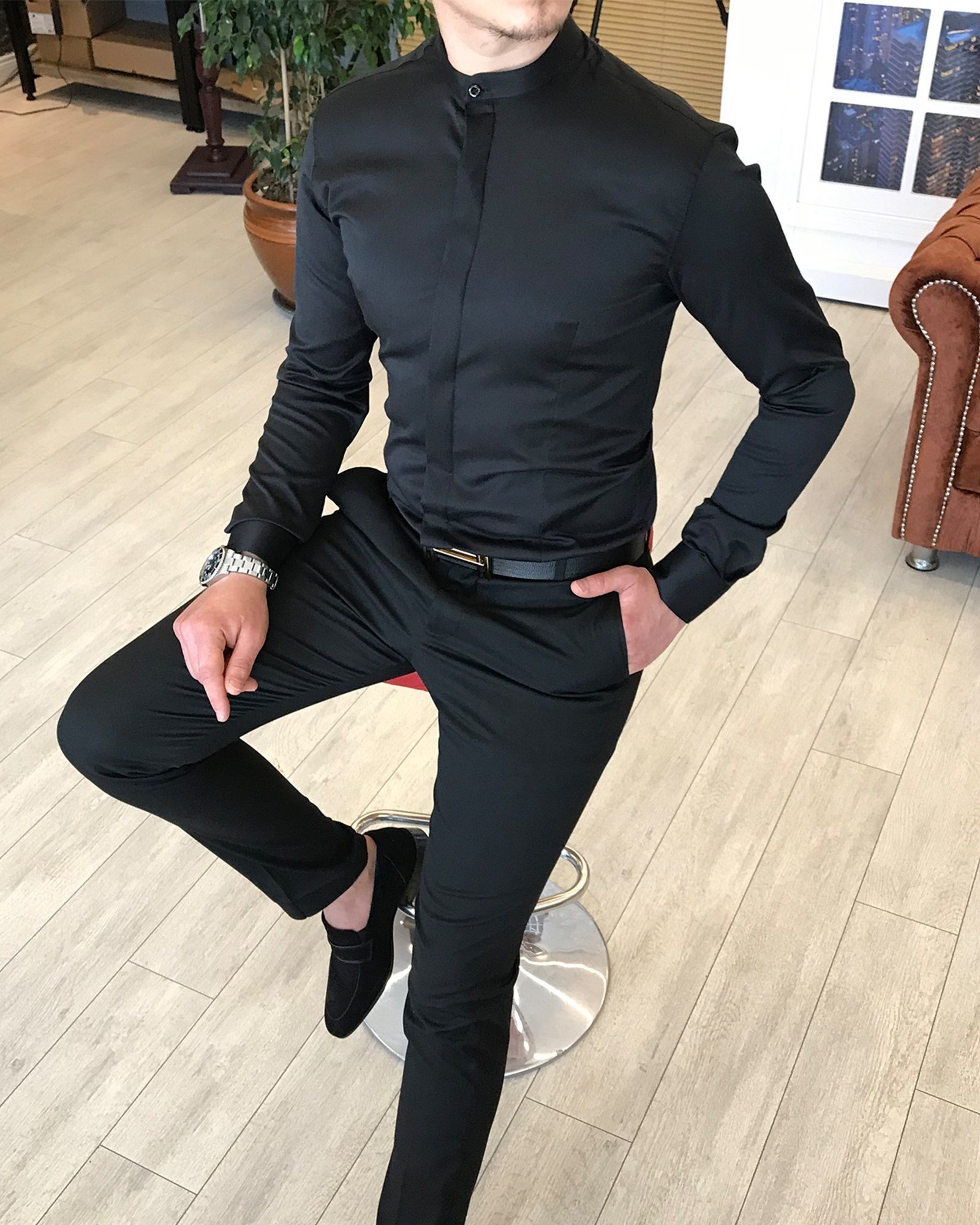 İtalyan kesim slim fit erkek hakim yaka gömlek Siyah T4795