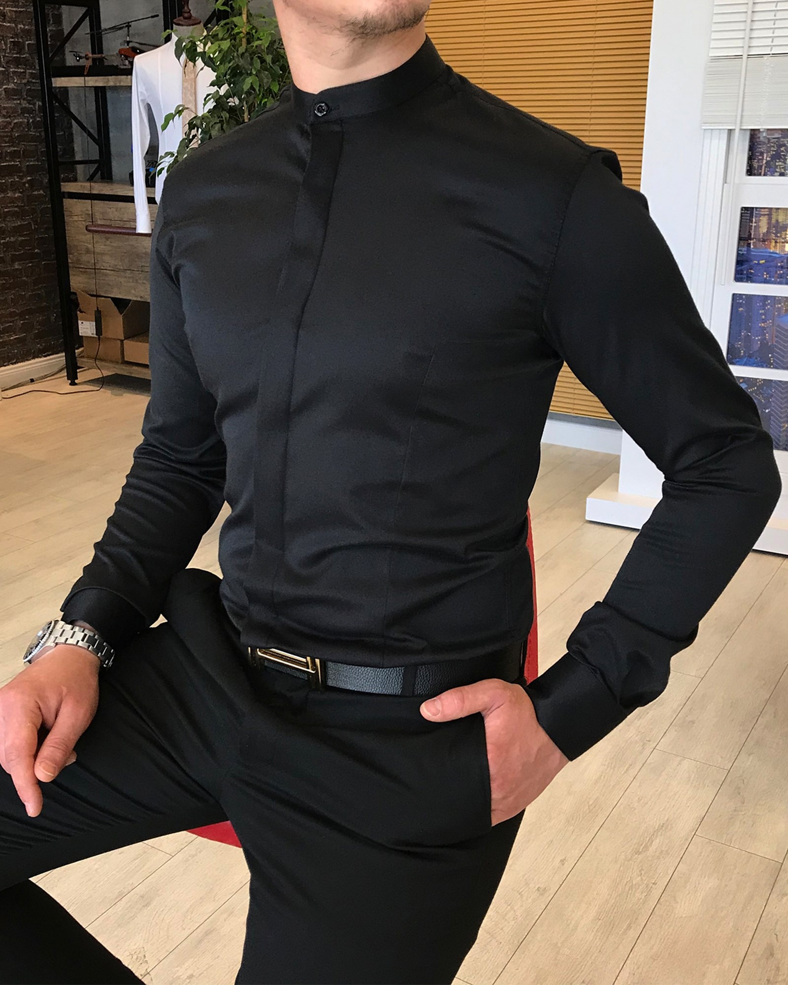 İtalyan kesim slim fit erkek hakim yaka gömlek Siyah T4795