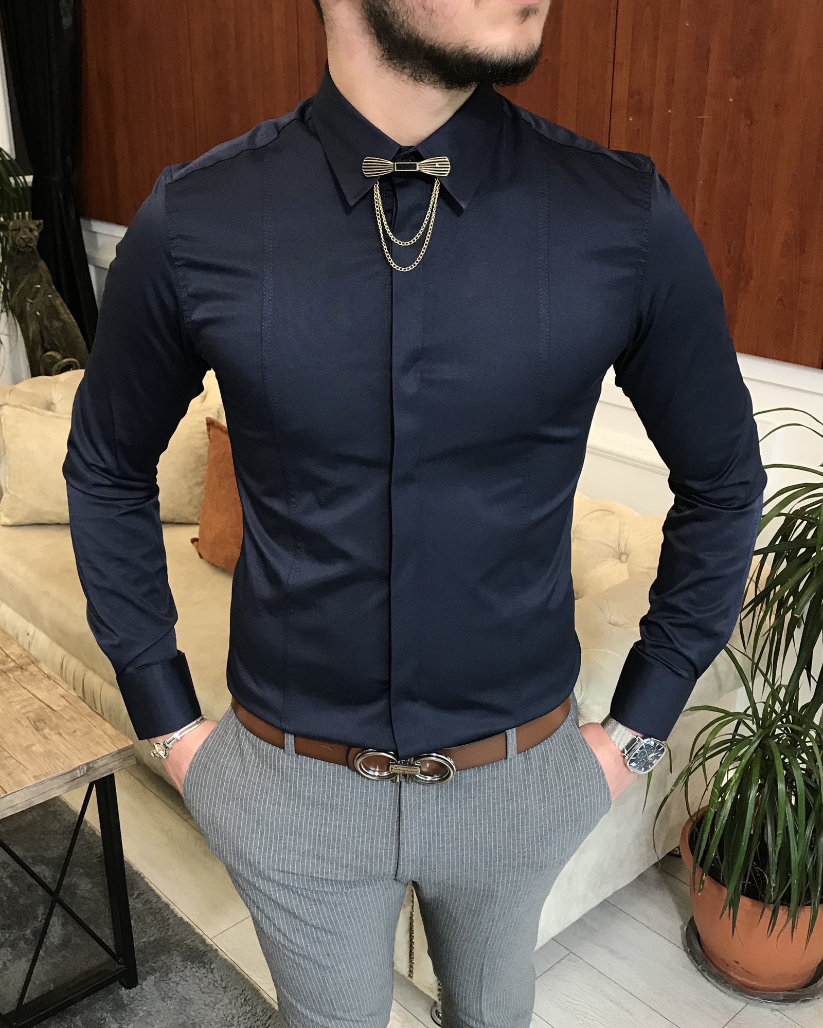 İtalyan kesim slim fit erkek saten zincirli gömlek Lacivert T4802
