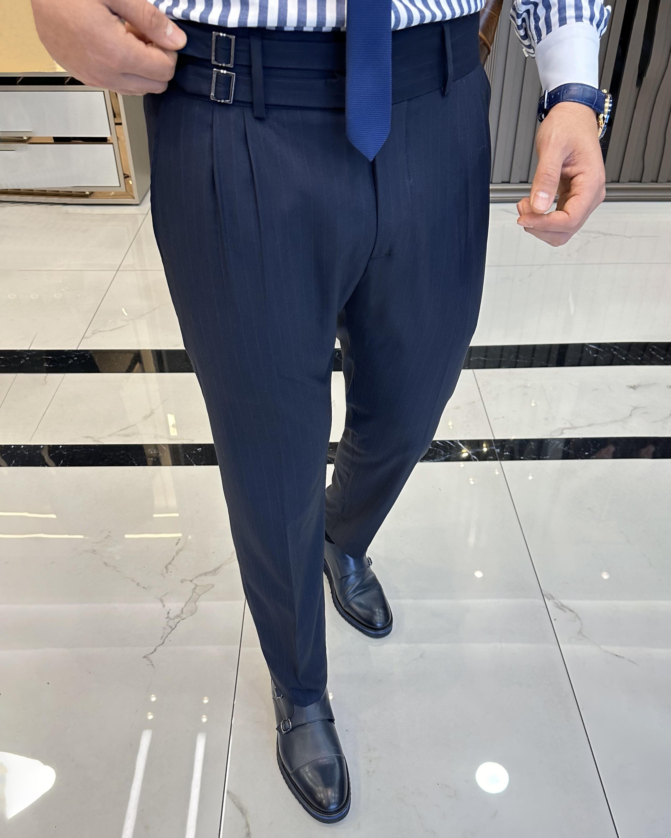 İtalyan kesim slim fit kemerli pileli çizgili erkek pantolon lacivert T10068