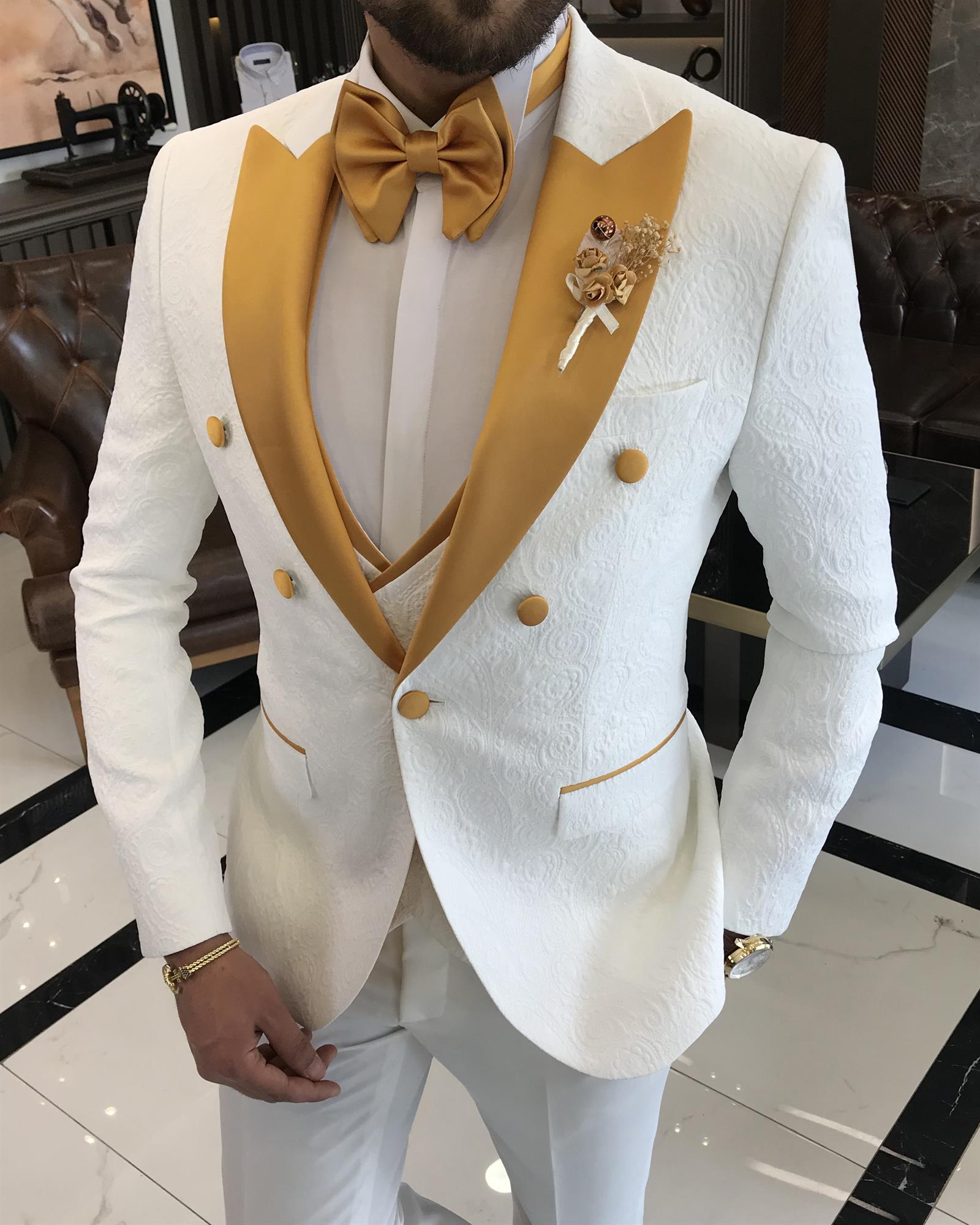İtalyan kesim slim fit kırlangıç yaka ceket yelek pantolon damatlık set beyaz T9625